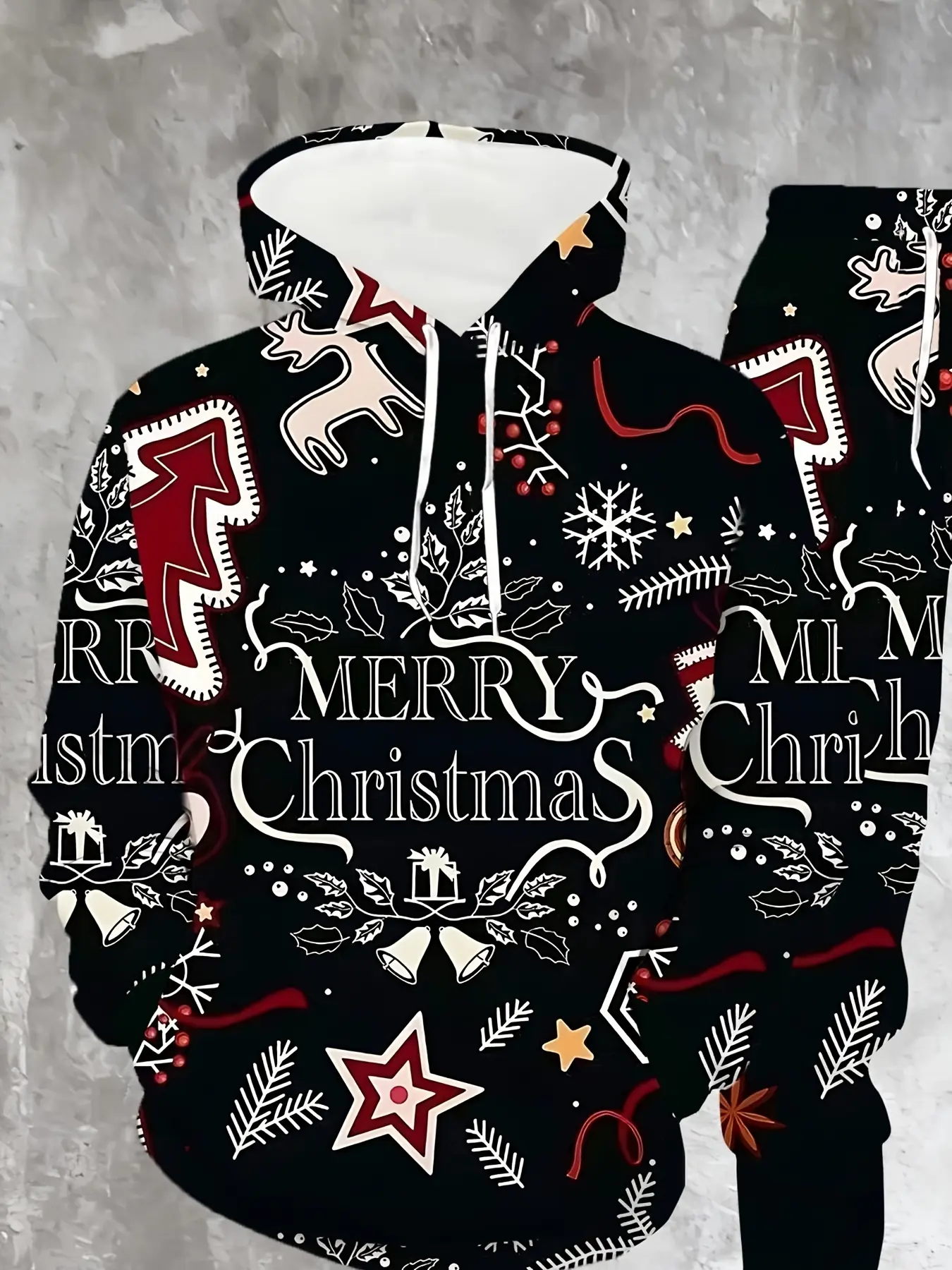 Men'S Christmas-Themed 3D All-Over Print Hoodie Set: Featuring A Black Background With Christmas Reindeer, Snowflakes, And 'MERRY CHRISTMAS' All Over. This Two-Piece Set Includes A Hoodie And Sweatpants