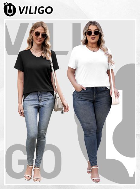 VILIGO 4 Pack V Neck T Shirts for Women Short Sleeve Shirts Basic Casual Tees Loose Fit Plus Size Tops Plain Summer Clothes