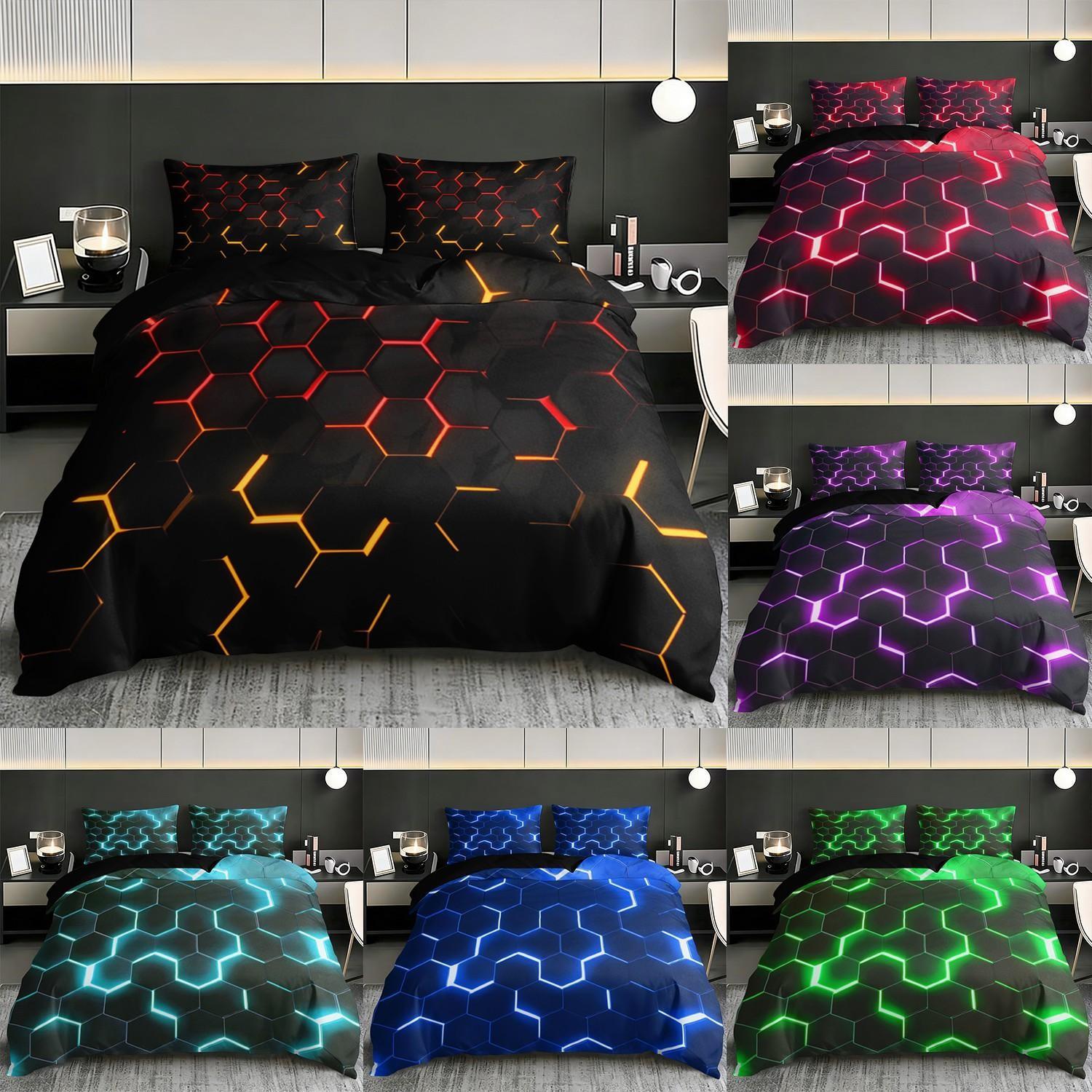 3-piece geometric honeycomb pattern soft bedding set, including 1 coreless duvet cover and 2 coreless pillowcases, Breathable Polyester, Easy maintenance, suitable for single beds, double beds, bedrooms, dormitories, and guest rooms