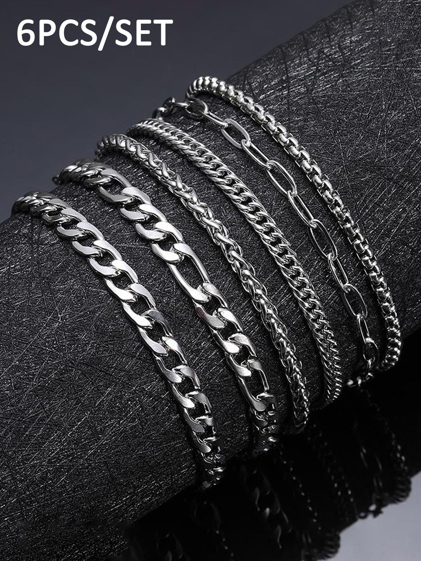 6-piece Set of Simple Stainless Steel Chain Metal Bracelet, Men's and Women's Fashion Trend Street Style Stacked Bracelet Set