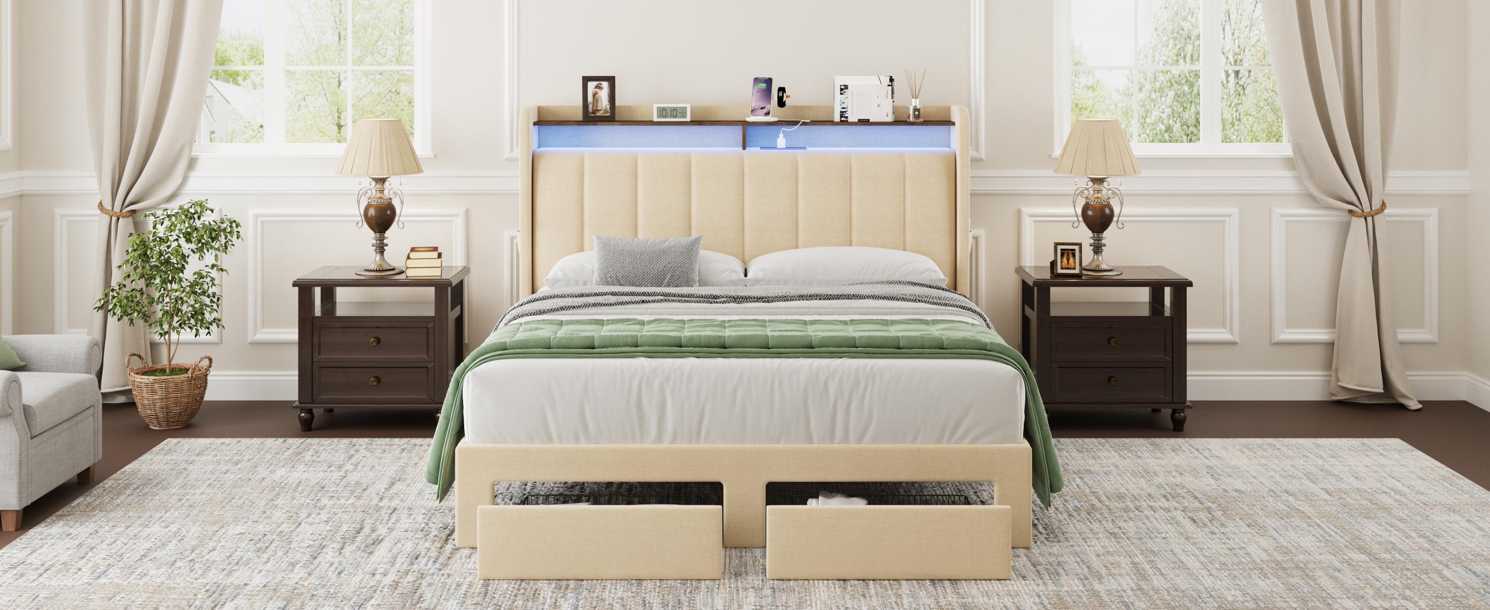MUTICOR Upholstered Bed Frame with LED Shelf Headboard & 2 Drawers, Linen or Velvet Fabric, Smart Outlets,Full/King/Queen Bed Frame, No Box Spring Needed#TikTokShopBlackFriday #ChristmasGifts