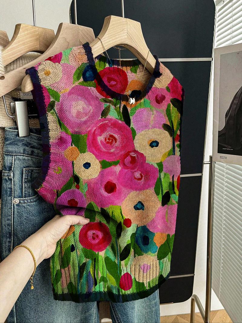 Women's Loose-Fitting Round Neck Sleeveless Knit Top, Floral Print Color-Blocked Cardigan, Casual Fall & Winter