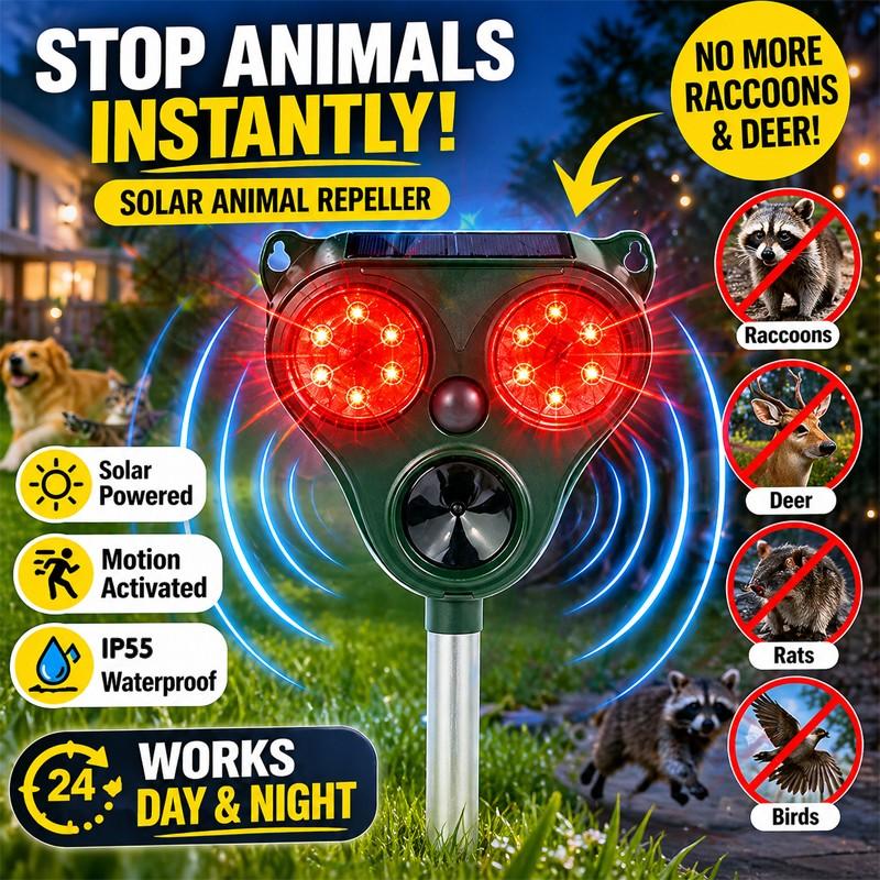 Solar Animal Repeller, Ultrasonic Deterrent with LED Strobe Light, Motion Sensor for Yard Garden Farm, Keep Deer Raccoon Fox Cat Dog Bird Away