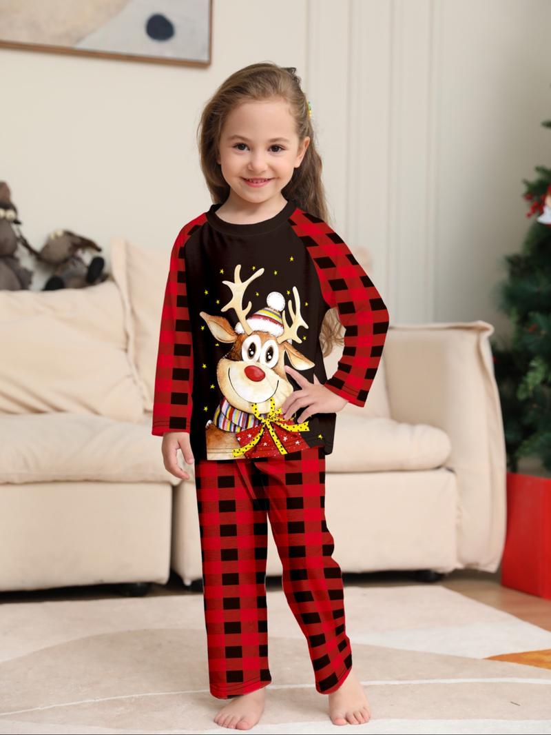 Plaid Shoulder Pad Sleeves 'cute Reindeer' Parent-Child Pajama Set, Family Matching Color Block Pattern, Festive Christmas Wear