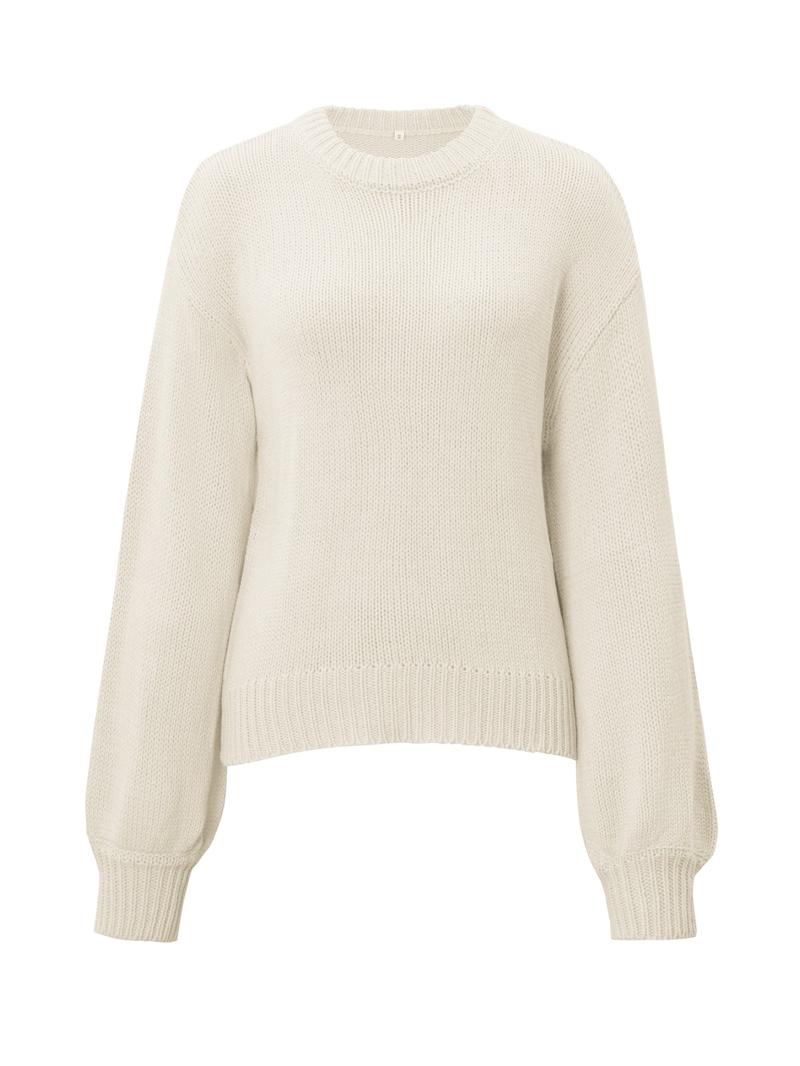 Women's Casual Round Neck Long Sleeve Sweater, Plain Knit Pullover Top for Winter, Fitted Style, Moderate Fabric Thickness Knitwear