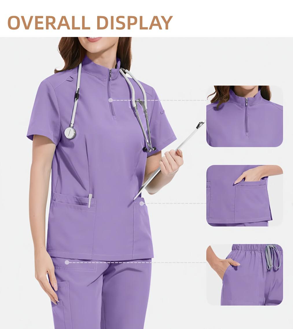 Ladies Healthcare Scrub Set with Multi-Pockets, Short Sleeve, Breathable Quick-Dry Wrinkle-Resistant Fabric, Casual Loose-Fitting Design for Home and Clinic