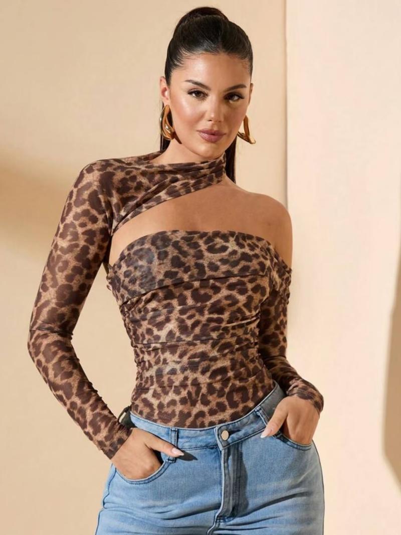 Women's All Over Print Bodysuit, Elegant Fashion Long Sleeve Bodysuit for Club Party, Women's Clothing for Spring & Fall