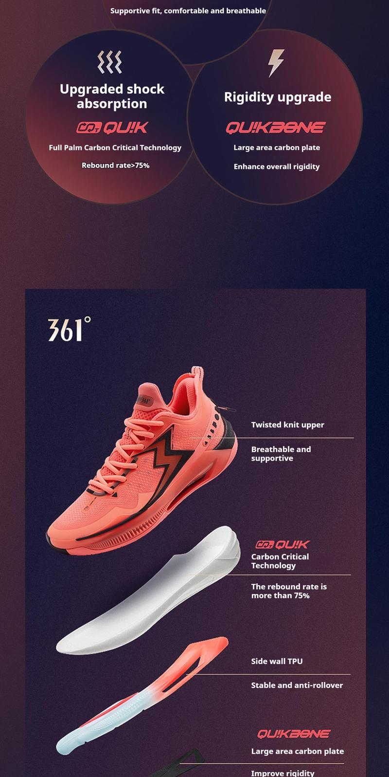 361° Big3 5.0 Quick PRO Basketball Shoes for Men Blue Synthetics Qu!kCQTECH Midsole Qu!kBONE Carbon-Fiber Plate Breathable Outdoor Sneakers