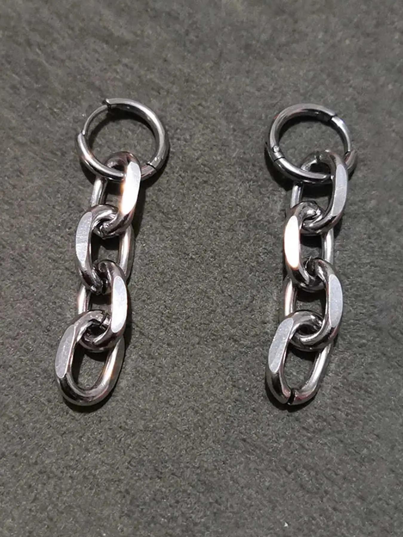 1 Pair Hip-hop Punk Thick Chain Beaded Stainless Steel Earrings, Simple Rock Style, High Quality Unisex Earrings for Men & Women, Ideal for Personalized Parties & Streetwear