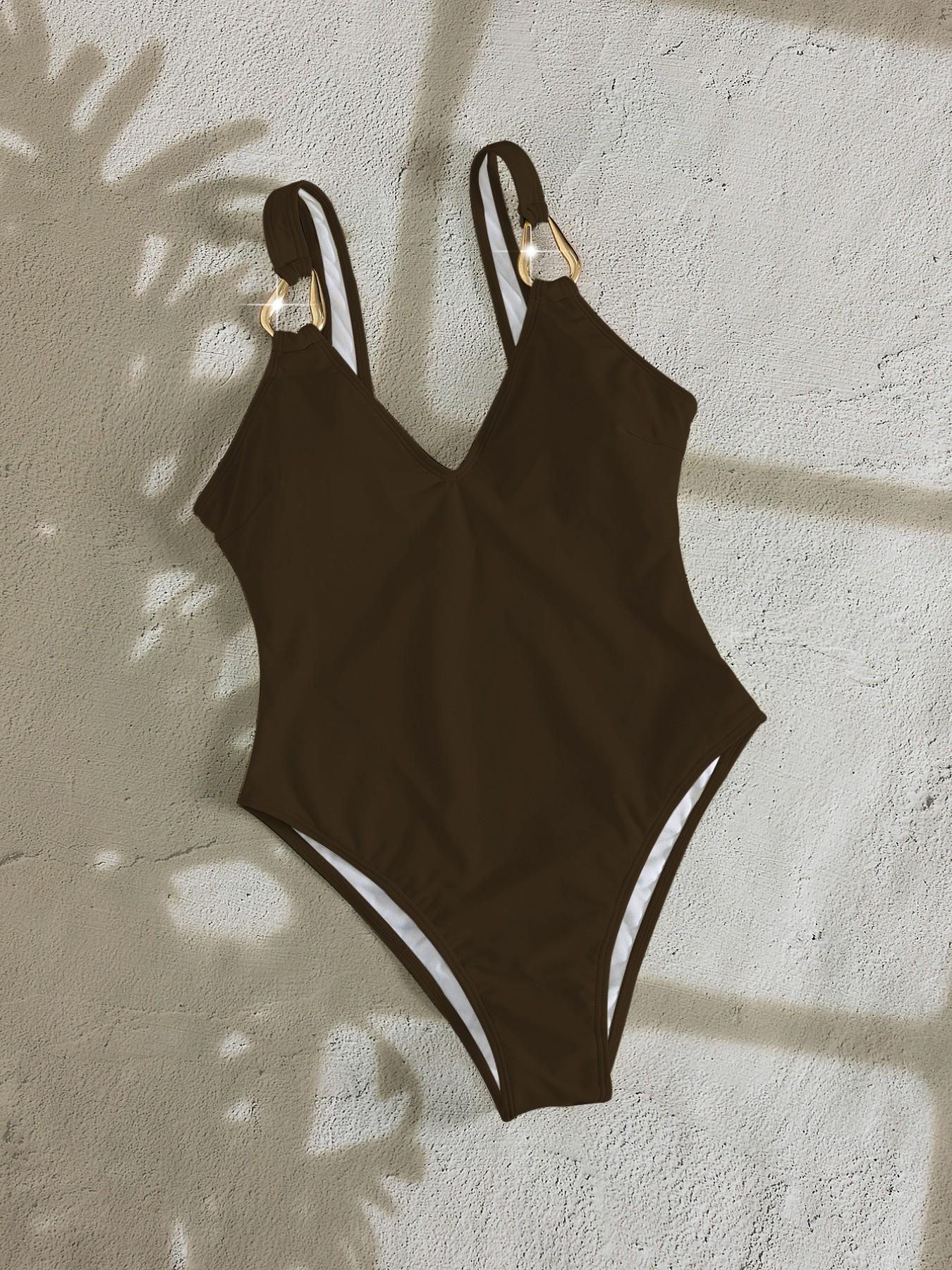 26 years spring/summer new women's solid color bra one-piece swimsuit, Tummy control swimsuit, with adjustable shoulder strap design, equipped with decorative metal buttons, retro beach holiday outfit, suitable for pool party, seaside vacation