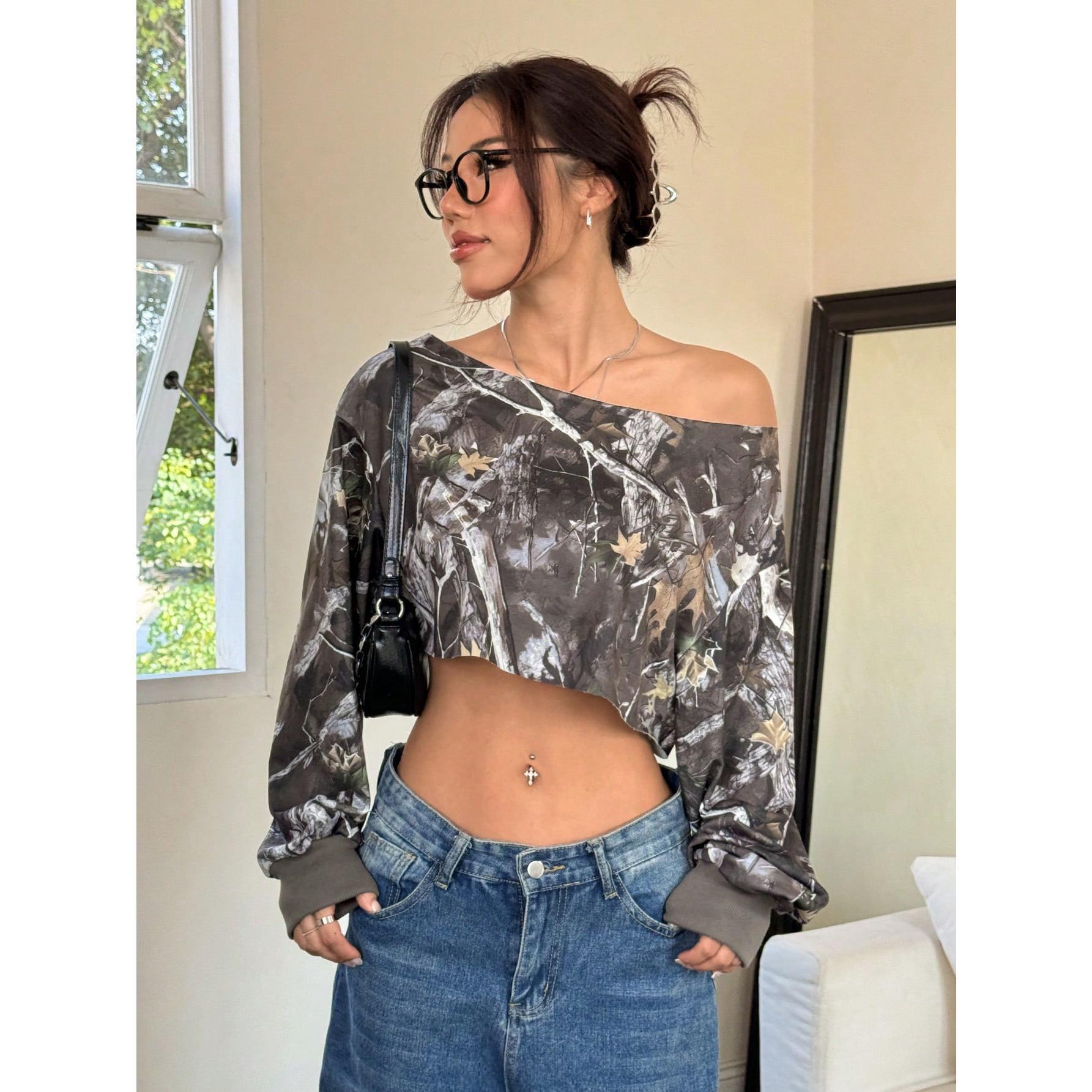 Spring Camo Sweatshirt Off the Shoulder Long Sleeve Asymmetrical Neck Y2k Pullover Crop Tops Streetwear