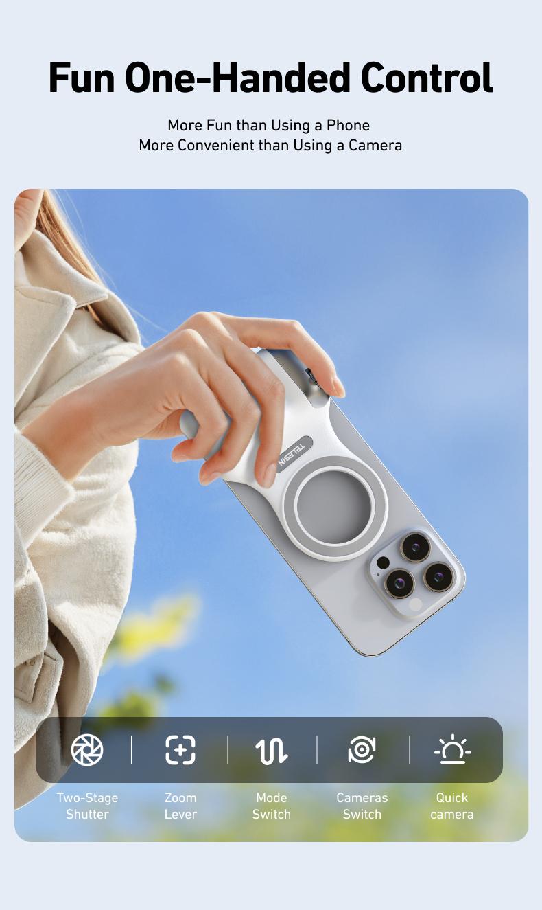 Magnetic Phone Camera Grip with Wireless Shutter – DSLR-Style Handle for iPhone & Android, 1/4" Screw, Ergonomic Design, Perfect for Vlogging, Selfies, and Steady Shots, Compatible with iPhone 17
