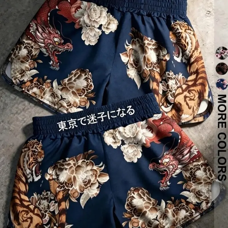 Men's Casual Shorts, Dragon Tiger Print, Street Style, Outdoor, Party, Commute, Fashion, Comfortable, Spring Fall, Knee Length, Drawstring Waist