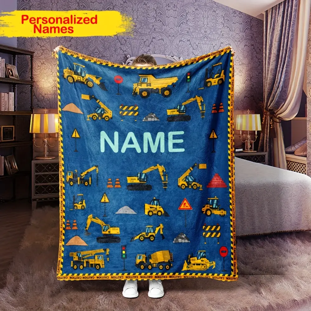 1 piece - Personalized Name Excavator Blanket, Custom Portable Lightweight Blanket for Sofa, Bed, Travel, Camping, Living Room, Office, Couch, Chair, and Bed – Digital Printed Soft and Warm Fabric Blanket
