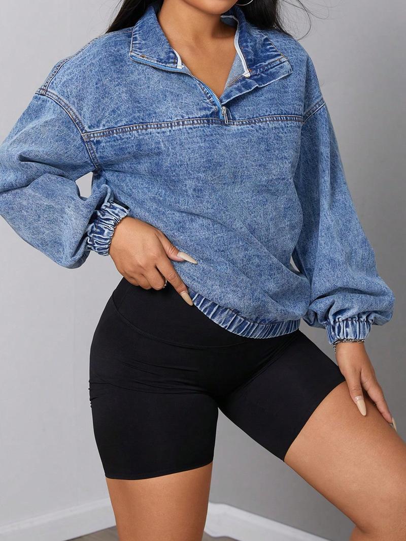 Women's Fall Winter Casual Loose-Fit Denim Jacket, Stand Collar Pullover Coat, Fashionable Plain Color Outerwear for Daily Wear