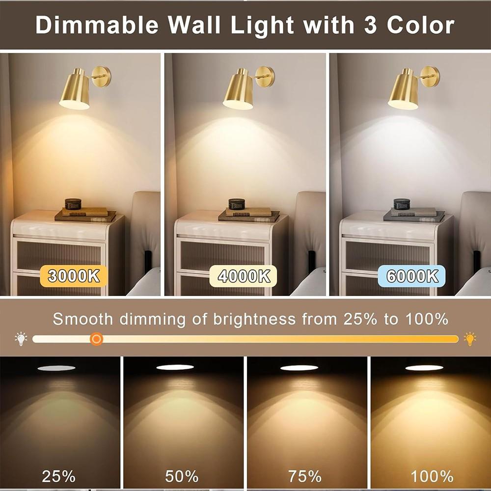 2-Pack Battery-Powered Wall Lamp, Black/Gold, Rechargeable Wall Light, Adjustable Bulb with Remote, 12 Colors, for Bedroom Living Room