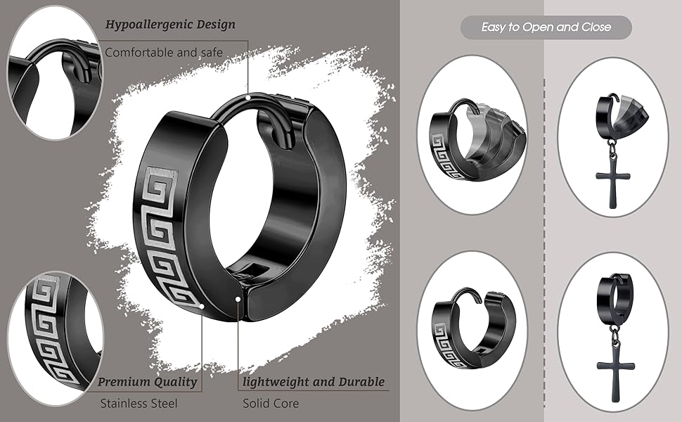 15Pairs Mens Earrings - Stainless Steel Silver Black Stud, Zirconia Hoop & Dangle Earrings Set - Hypoallergenic for Men & Women