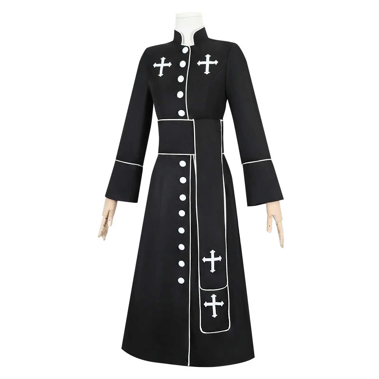 Halloween Cosplay Costumes Medieval Priest Stand Collar Belt Outfit Catholic Church Religious Retro Pope Pastor Father Mass Robe