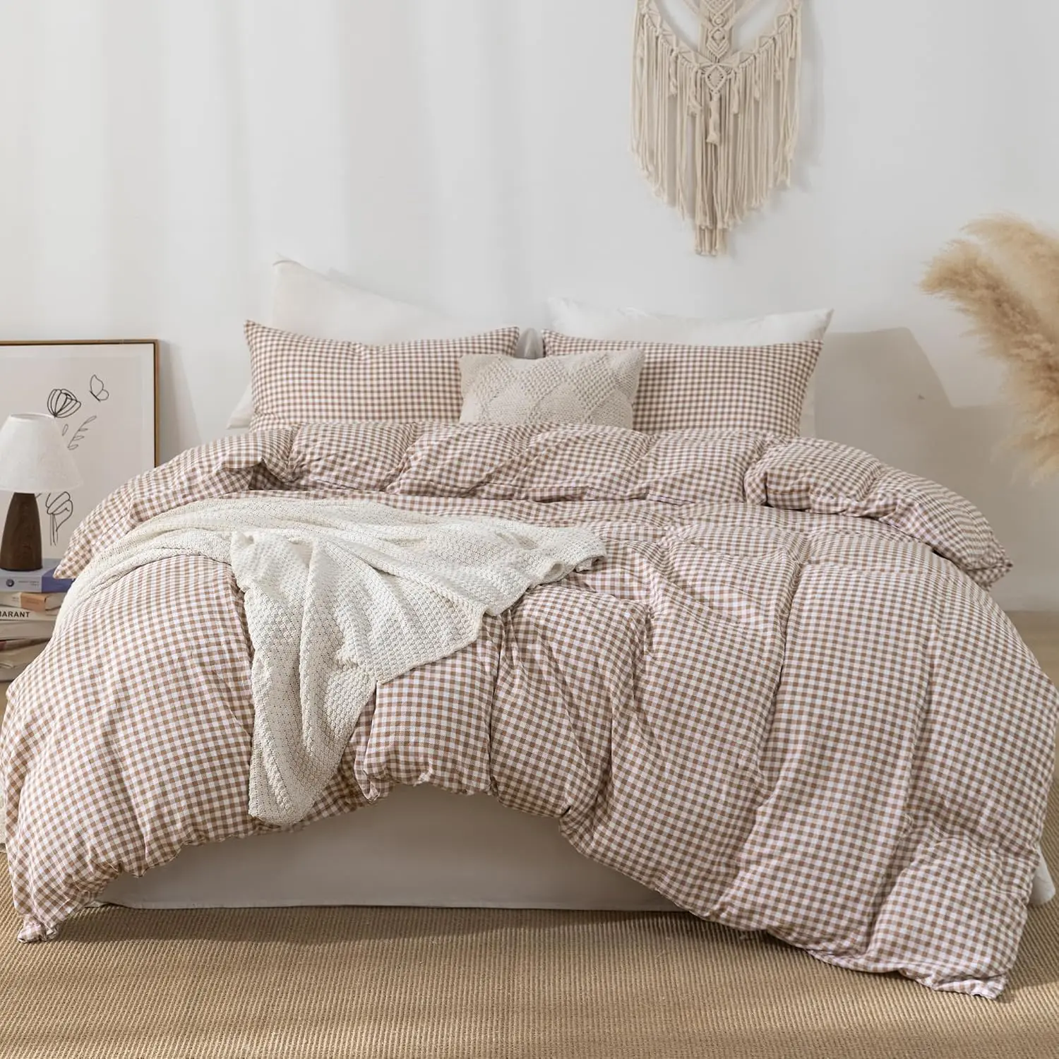 Tan Gingham Duvet Cover Bedding Set Prewashed Soft, Queen| Comfy Breathable for All Season.Brown Fall Vintage Farmhouse Decor Lightweight.Hiddedn Zipper & 8 Ties.3PCS No Insert