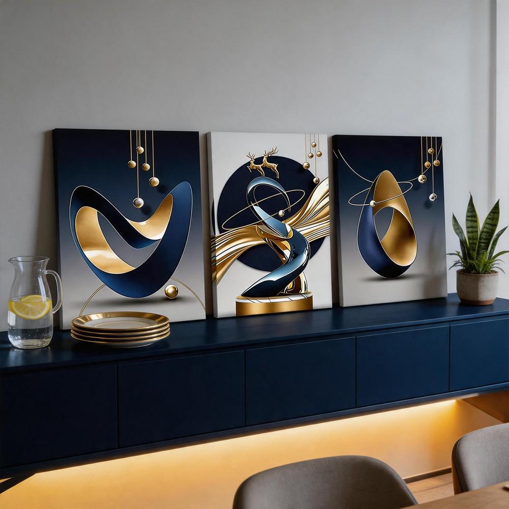 3-Panel Framed Canvas Wall Art, Navy Blue & Gold Abstract Geometry Deer Canvas Print, 3D Texture Golden Elk Wall Decor, Luxury Minimalist Art For Living Room Entryway