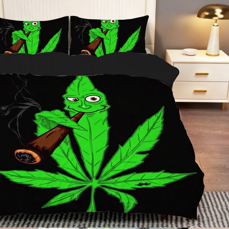 2 or 3 Piece Hemp Leaf Lucky Animal Print Set, Includes 1 Bedspread and 1 or 2 Pillowcases, Soft Bedroom Decor for Kids and Adults
