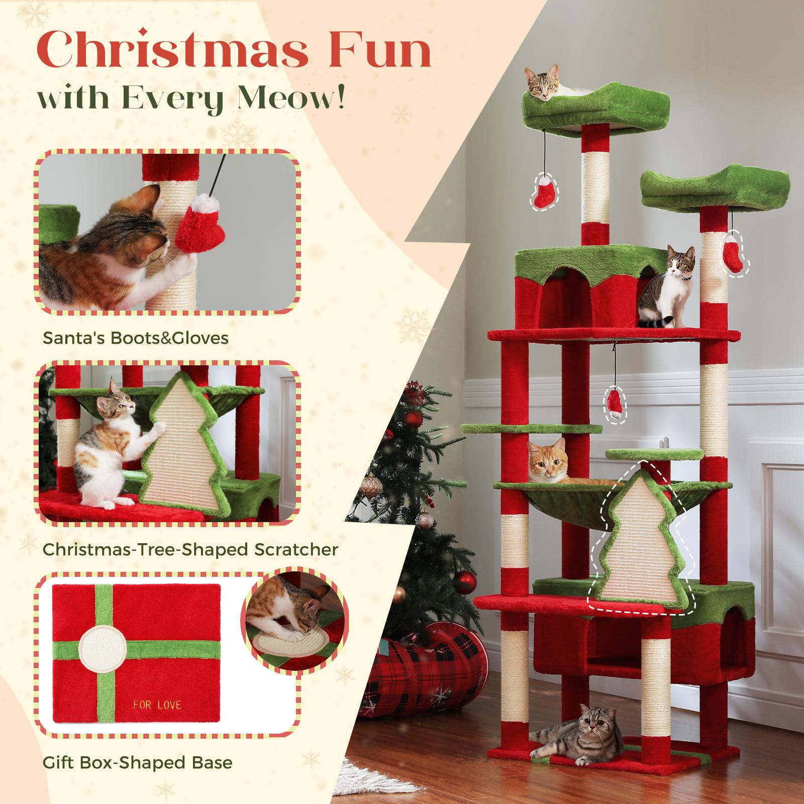 Large cat tree for large cats, litter box with sisal-covered scratching post and scratching pad, 2 padded perches, double litter box and cat basket for indoor cats
