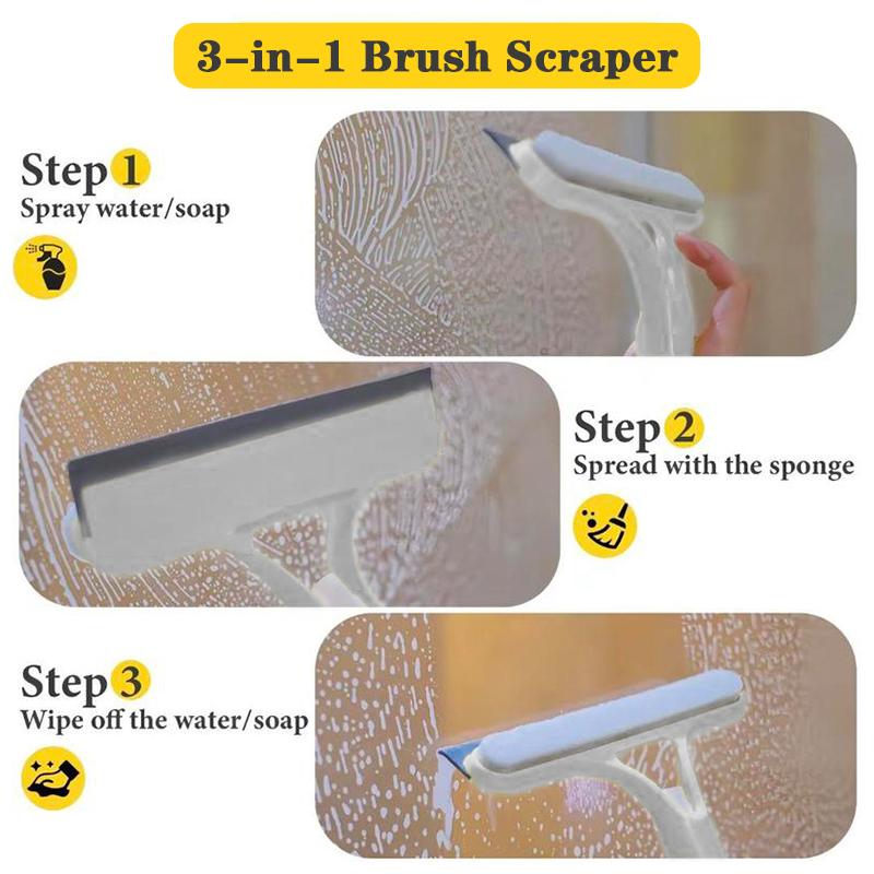 3-in-1 Glass Cleaner  Scraper + squeegee + scrubber + spray in one design, easy to deal with home windows, mirrors and car windscreen cleaning!Efficient cleaning, one scrape and you're clean!