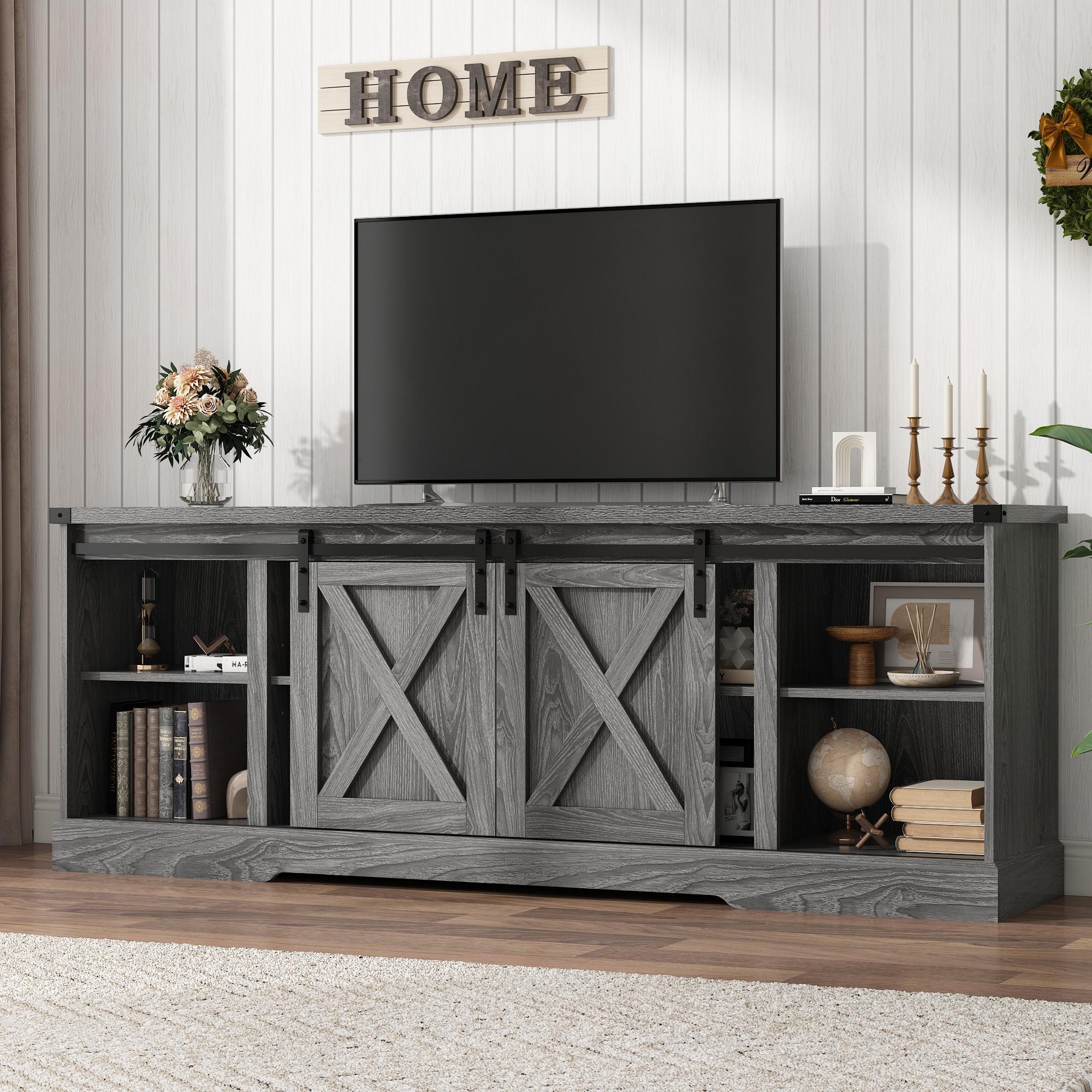 Farmhouse TV Stand for 70/75/80 Inch TV, 58/70 inch Entertainment Center Storage Cabinets with Sliding Barn Doors, Media Console Cabinet for Living Room, White/Grey/black