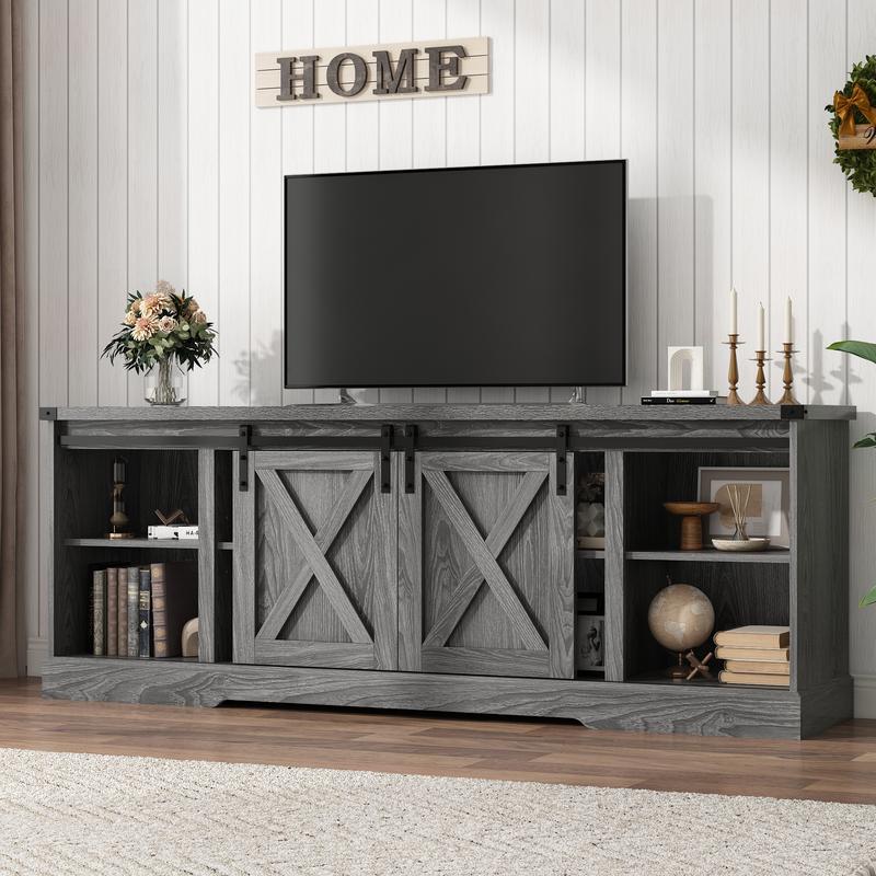 Farmhouse TV Stand for 70/75/80 Inch TV, 58/70 inch Entertainment Center Storage Cabinets with Sliding Barn Doors, Media Console Cabinet for Living Room, White/Grey/black