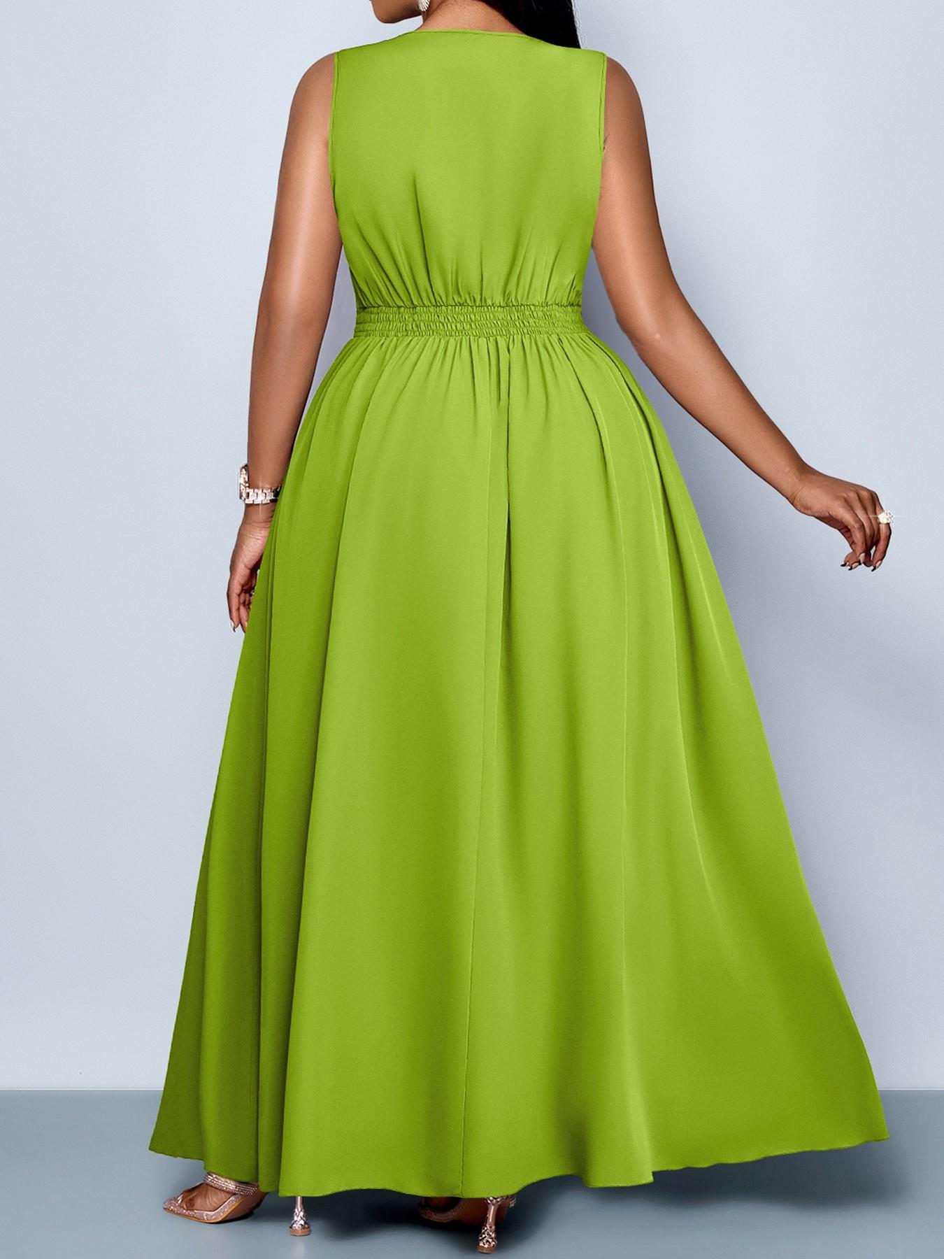 Plus Size Women's Elegant Sexy Casual Sleeveless High Waist A-Line Dress, Spring Summer Plain Color Plus Size V Neck Fitted Dress Womenswear