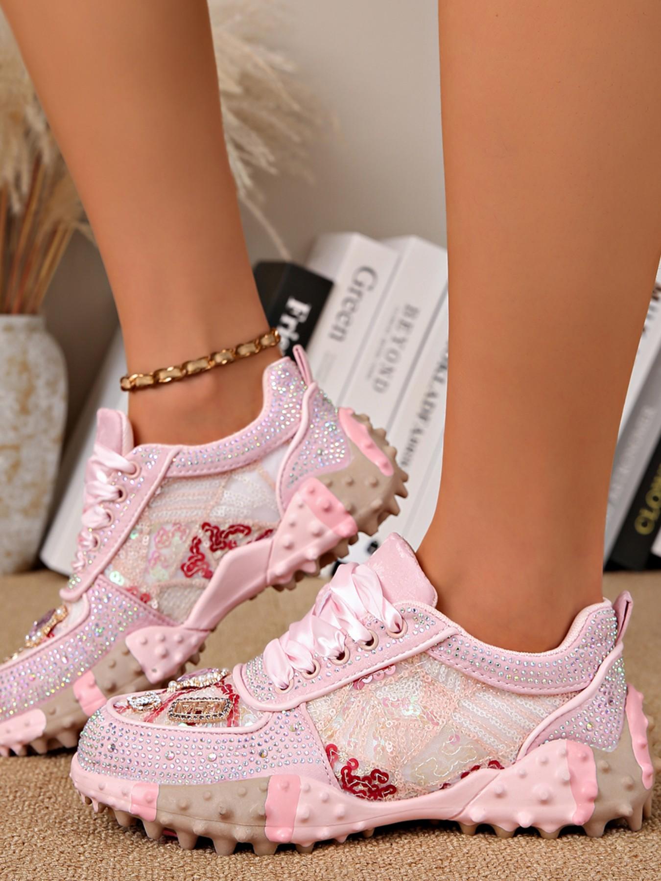 Women's New Rhinestone Dad Shoes, Mesh Breathable Water Drill Thick Sole Height Increase Casual Sports Shoes