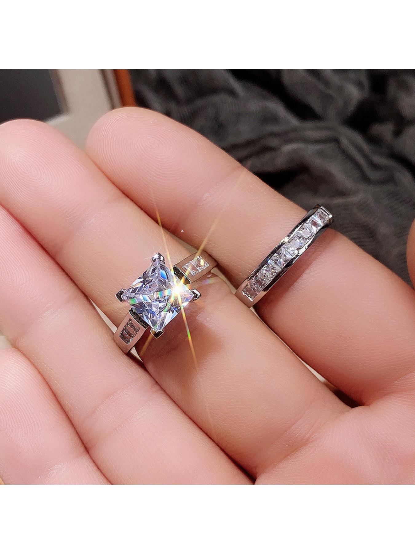 Princess round diamond couple ring - Engagement, proposal and wedding ring. Anniversary, birthday gift. Lightweight luxury full-diamond ring. Fashionable and versatile ring. High-end accessory.