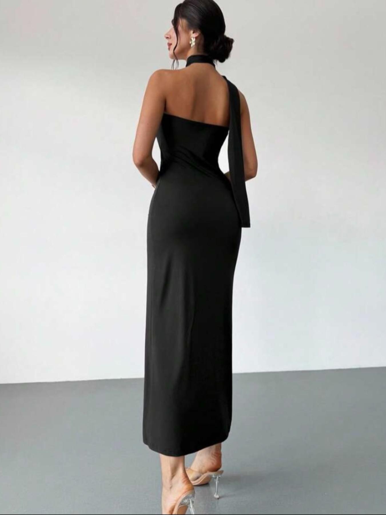 Elegant Backless Bodycon Dress, Unique Cross Neck Design, Flattering Wrinkles Detailing, Perfect for Evening Out & Street Style