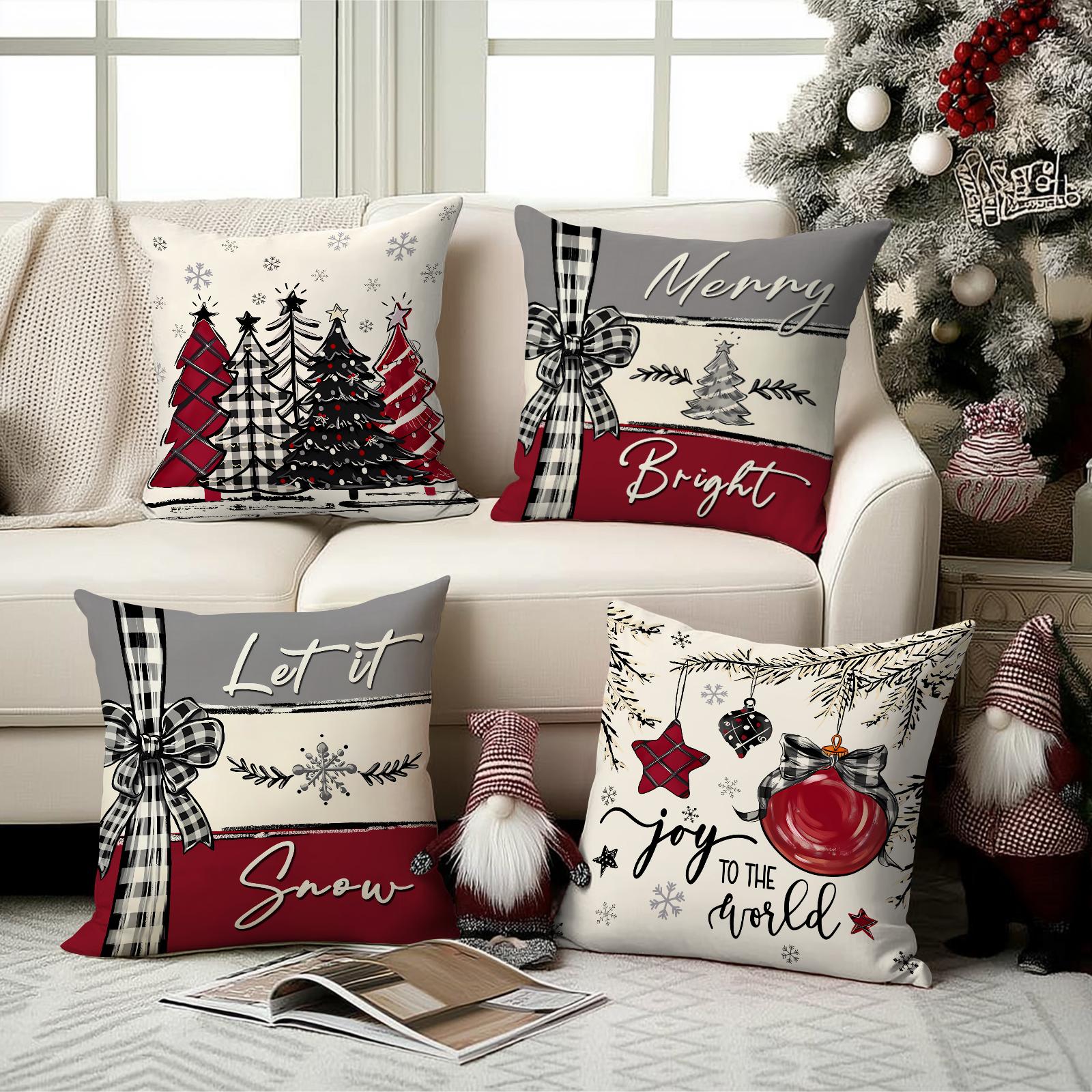 4pcs Christmas Pillow Covers Set, Tree Santa Snowflake Reindeer Prints, Winter Holiday Home Decor Cushion Cases for Bedroom Sofa Car Decoration, Halloween