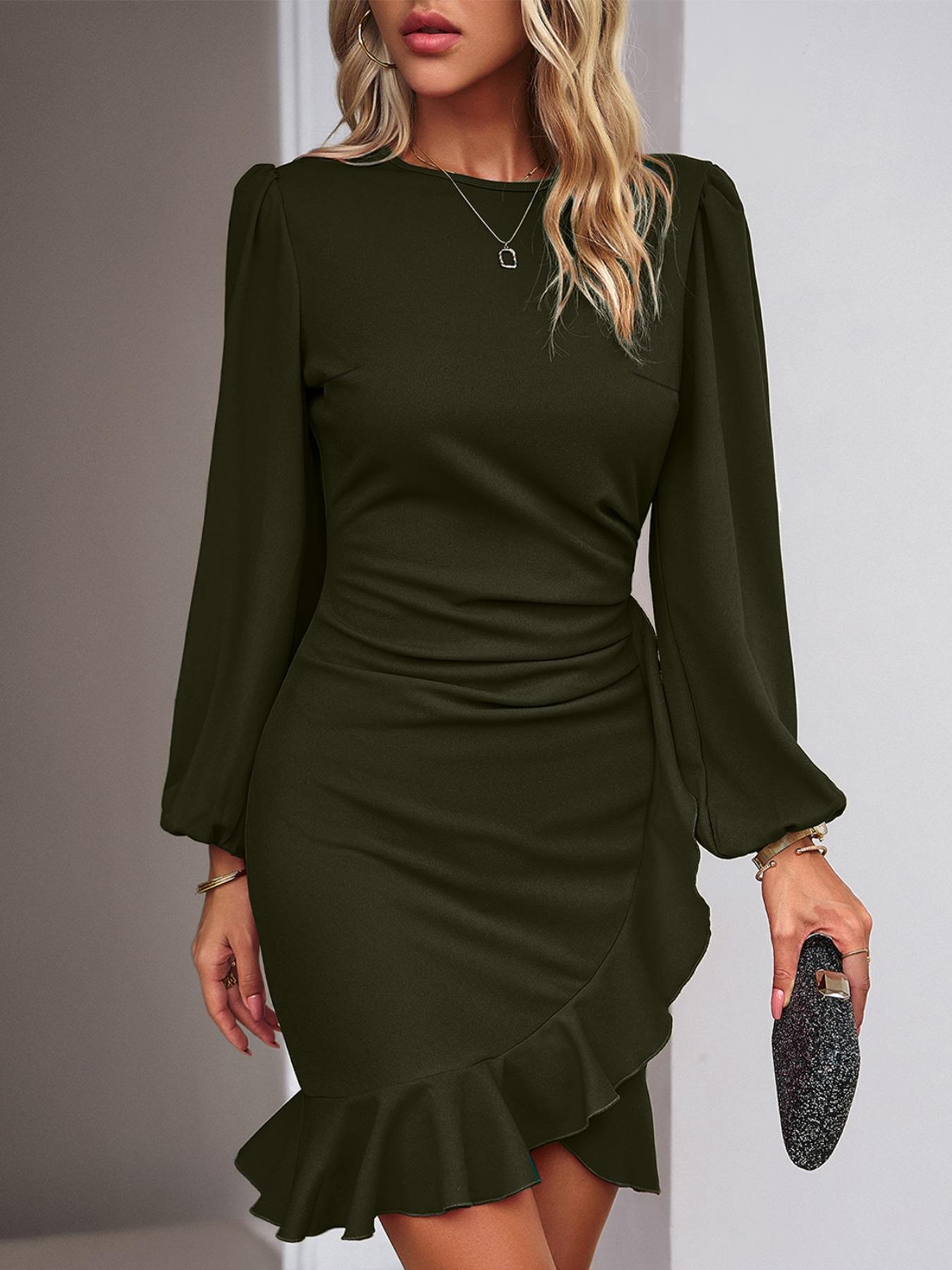 Women's Plain Ruched Ruffle Trim Zipper Bodycon Dress, Elegant Bishop Sleeve  Short Dress for Party Holiday Wedding Guest, Ladies Fall & Winter Clothes