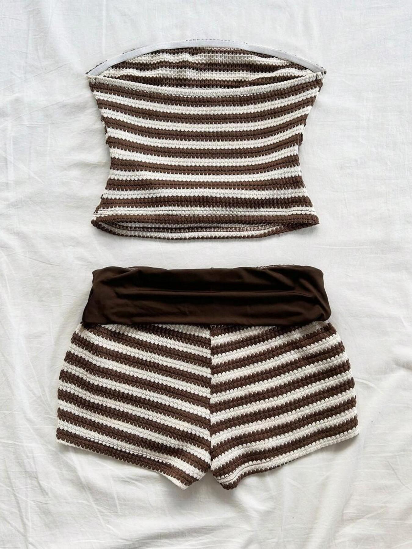 Summer 2-Piece Set: Colorblock Ruffle Bustier and Low Waist Shorts, Textured Knitwear, Perfect for Vacation and Summer