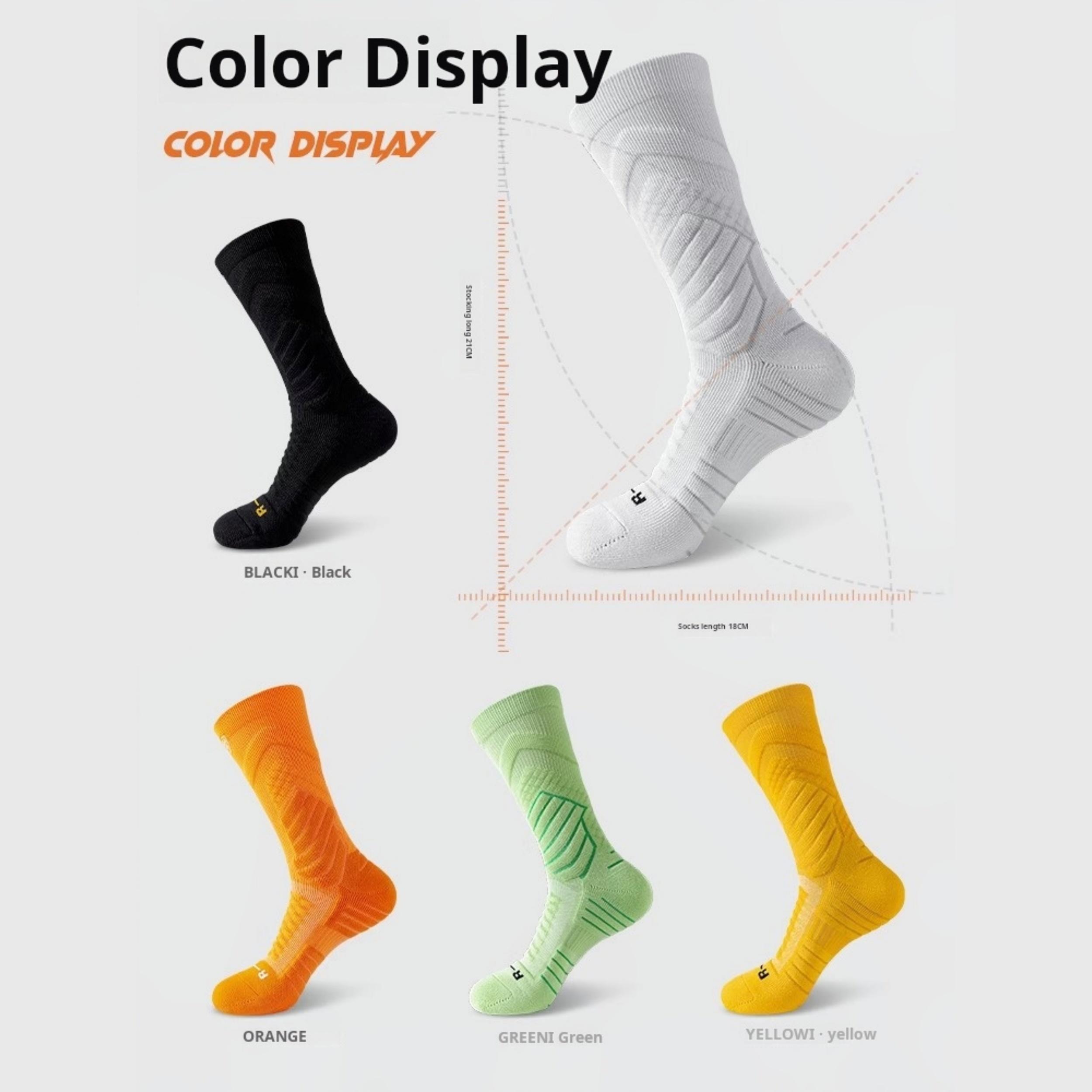 Men's mid-calf sports socks in a pack of 5 pairs. They feature sweat-absorbing mesh for breathability, shock absorption, and are wear-resistant. With terry cloth soles, these solid-color socks are suitable for basketball, running, football, Tubesocks