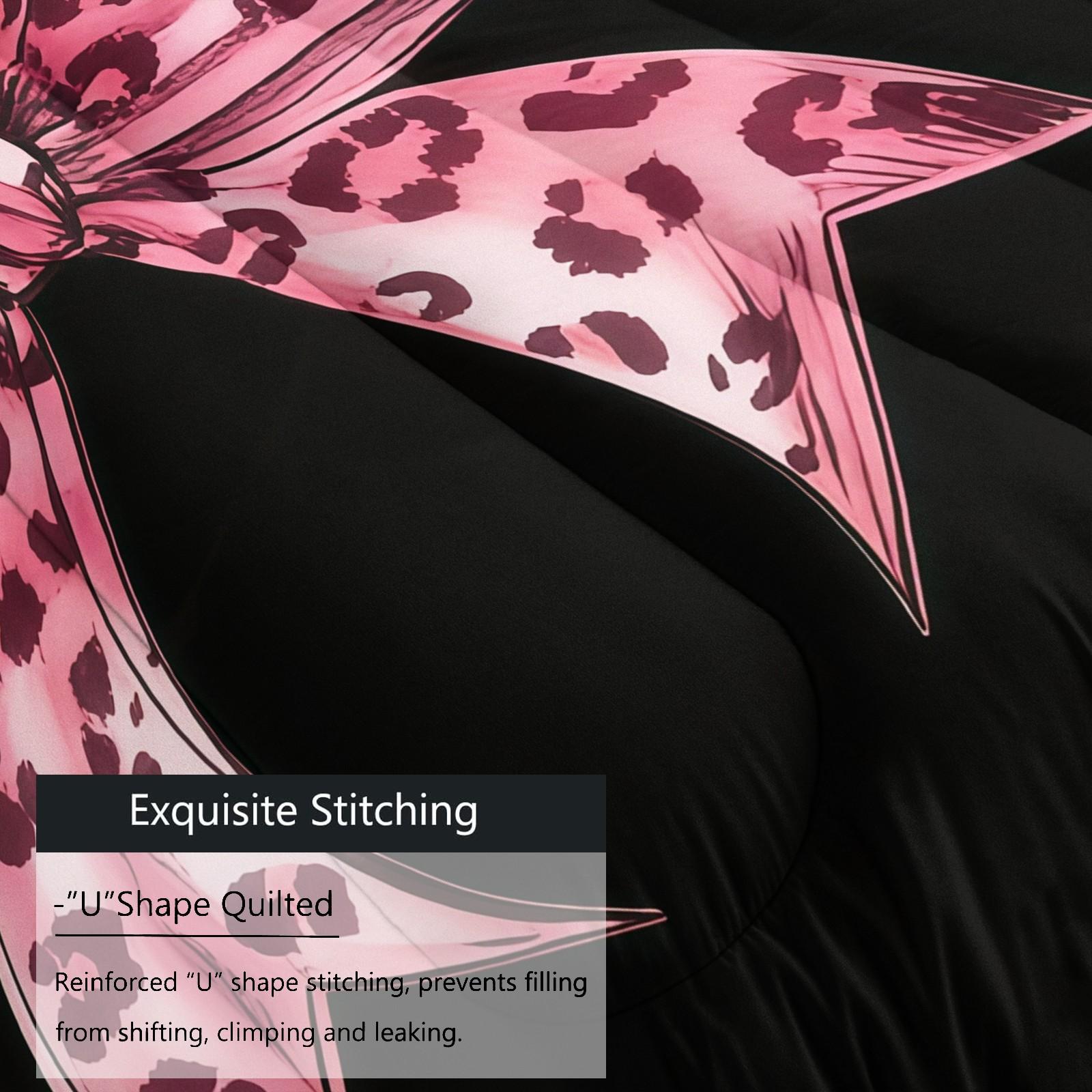 Leopard Print Bow Pattern Bedding Set, Soft Bedding Sets Adult Bedroom Decoration, Suitable For Giving To Friends And Family, As a Moving And Holiday Gift, Including 1 Blanket And 1 Or 2 Pillowcases Without Pillowcases