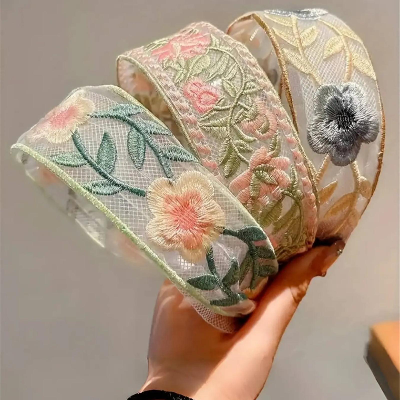 2026 Spring Summer Ethnic Lace Embroidery Floral Wide Headband, Fluffy High Crown Elegant Ruffle Hair Accessories for Girls Women