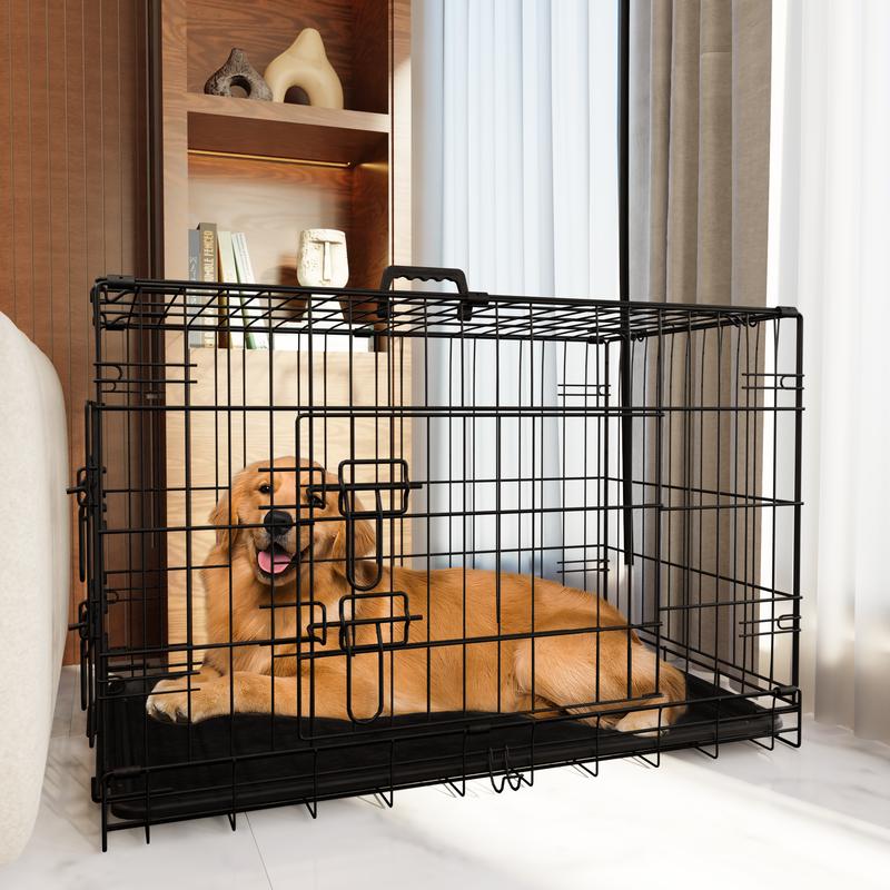 【TikTokShopfalldealsforyou】Foldable Metal Dog Crate with Divider and Leak-Proof Tray, Double Door Wire Kennel for Medium to Large Dogs, Indoor Outdoor Travel Use, 30/36/42/48 Inch