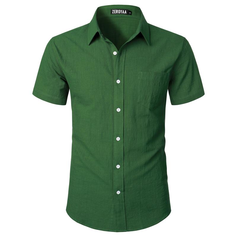 ZEROYAA Men's Fitted Cotton Linen Casual Short Sleeve Button Up Shirts Lightweight Beach Tops with Pocket