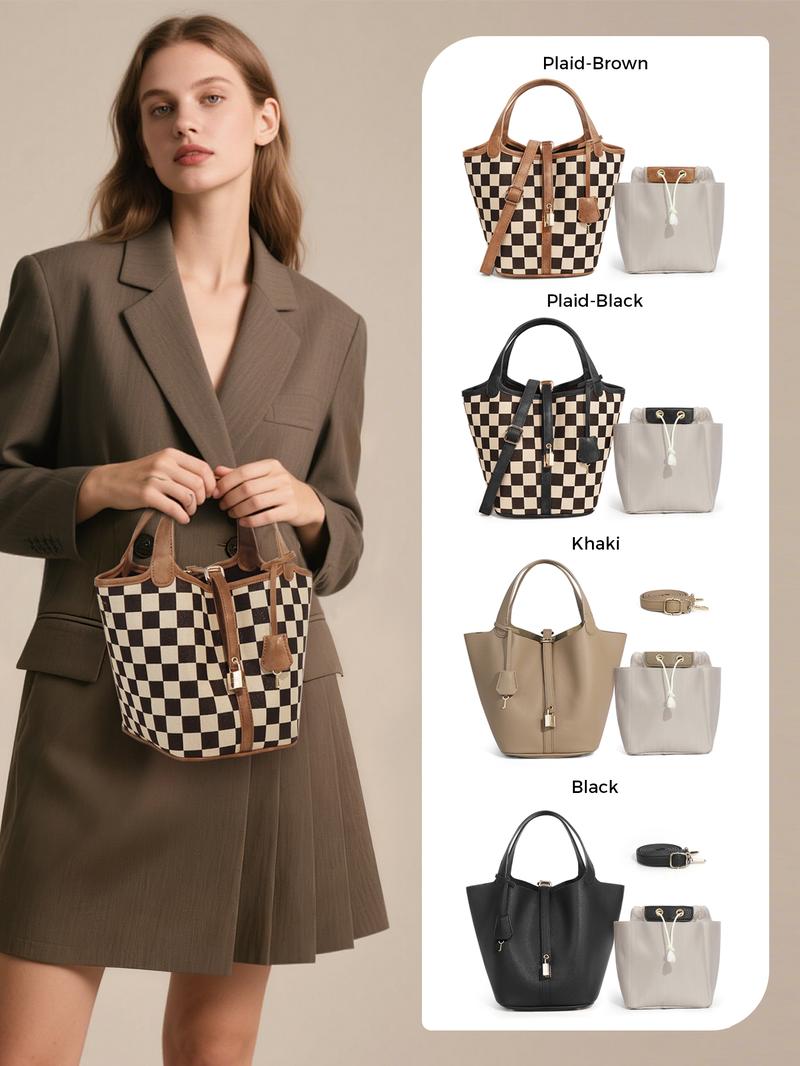 Women's Plaid Checkered Crossbody Bag, Polyester Bucket Bag for Women, Vegetable Basket Shape Satchel with Top Handle Bags - Stylish, Multi-Functional, Lightweight And Casual Adjustable Purse Handbags to Shopping bag and Holidays Gift, Suitable For Work