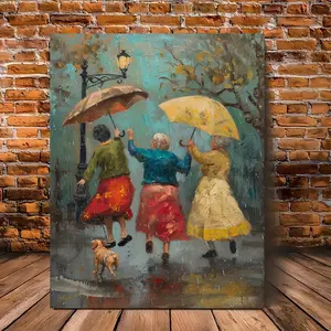 2D Flat, 1-Piece Framed Canvas Painting - Three Old Women and a Dog Dancing in the Rain, Vibrant Autumn Scene Wall Art, 11.8"x15.7" Edged Canvas, Decorative Art Style for Indoor/Outdoor Decoration, Suitable for Living Room, Office, Classroom, Artistic Imp