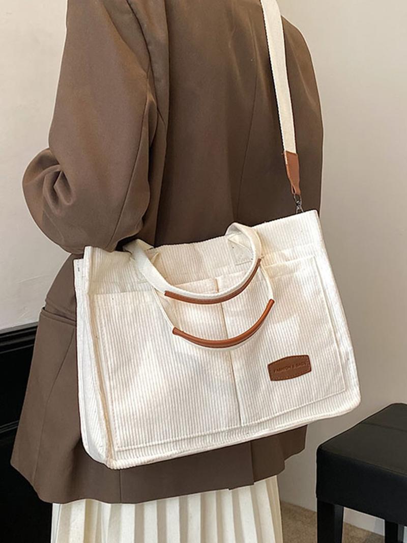 Women's Casual Minimalist Corduroy Tote Bag, Letter Patch Decor Shoulder Bag for Daily Used, Casual Trendy Versatile High-quality Daily Commuting Bag, Girl Fashionable Shopping Bag, Casual Commuter Bag