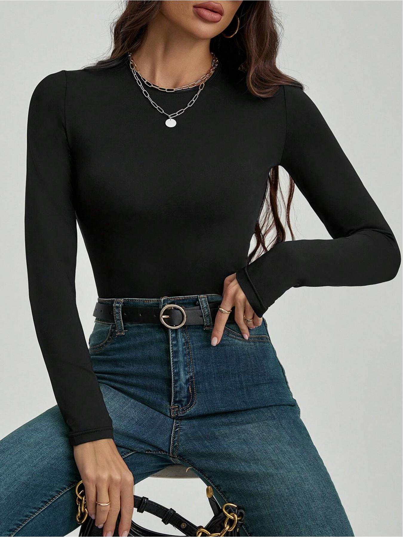 Women's Autumn Basic Solid Color Versatile Fitted Long Sleeve Bodysuit, Slim Fit Design, Suitable for Home, Sports, Work, Shopping, Gatherings and Bars.