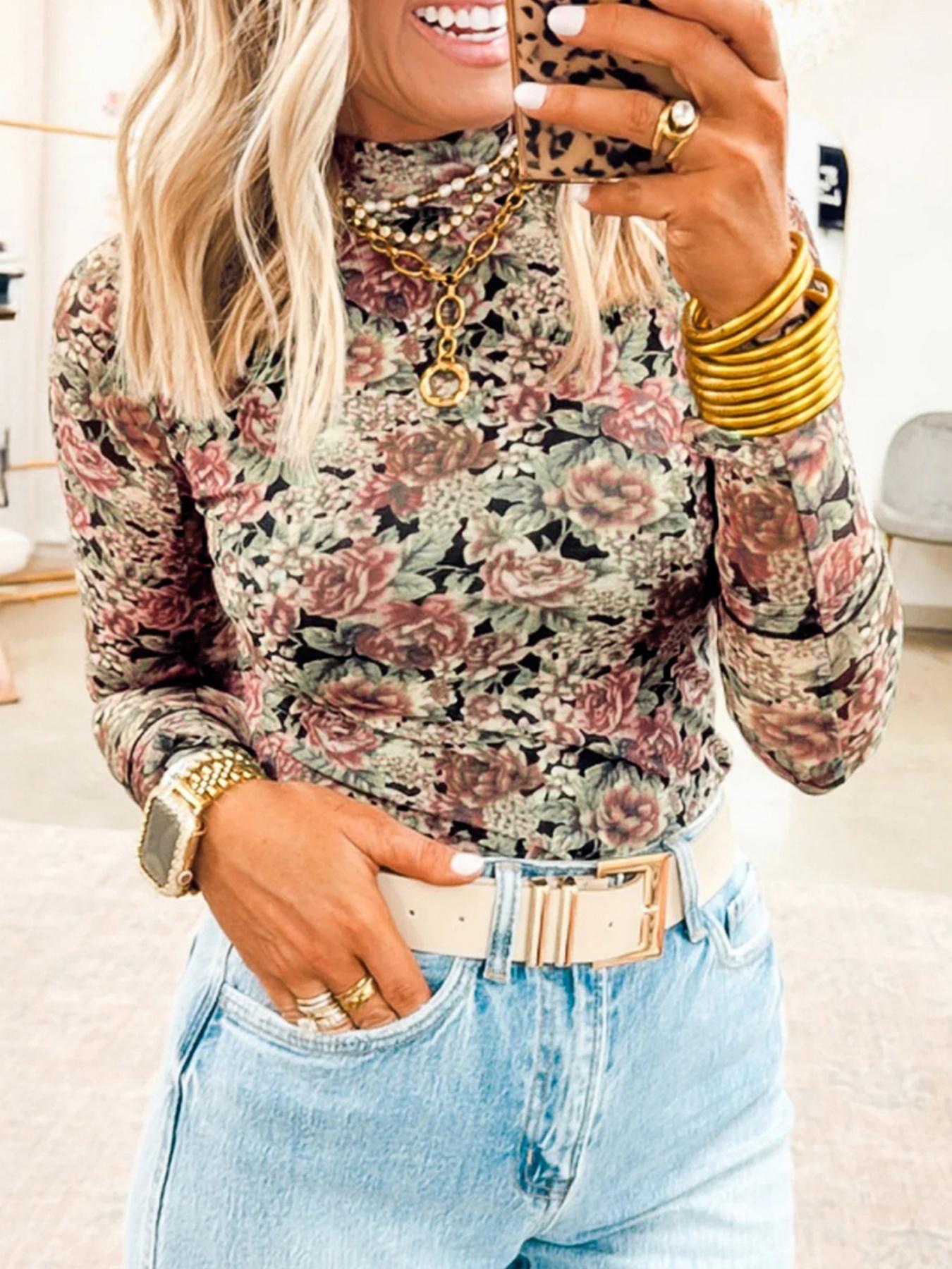 Spring & Fall Fashion Vintage Floral Print Half High Neck Mesh Long Sleeve Fitted Top, Women's Casual Elegant Blouse, Stylish Daily Wear