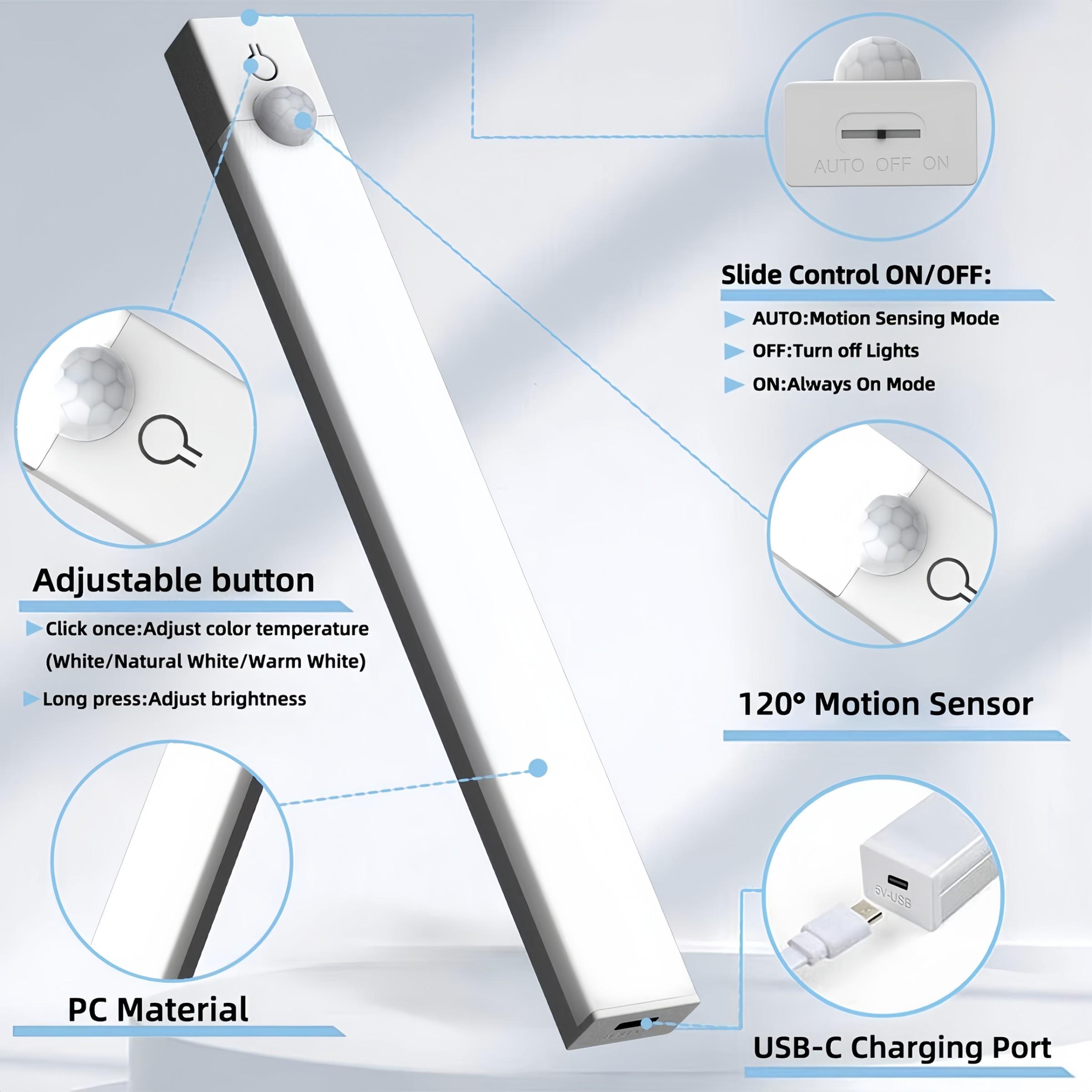 3-Pack LED Motion Sensor Lights – Dimmable Adjustable Lights Under Cabinet Lighting, Dimmable Wall Lamp, USB Rechargeable with 3 Color Modes (3000K/4500K/6000K), Night Light for Bedroom, Stairs, Kitchen, Piano & Dance Studio, Bedside Reading Lamp