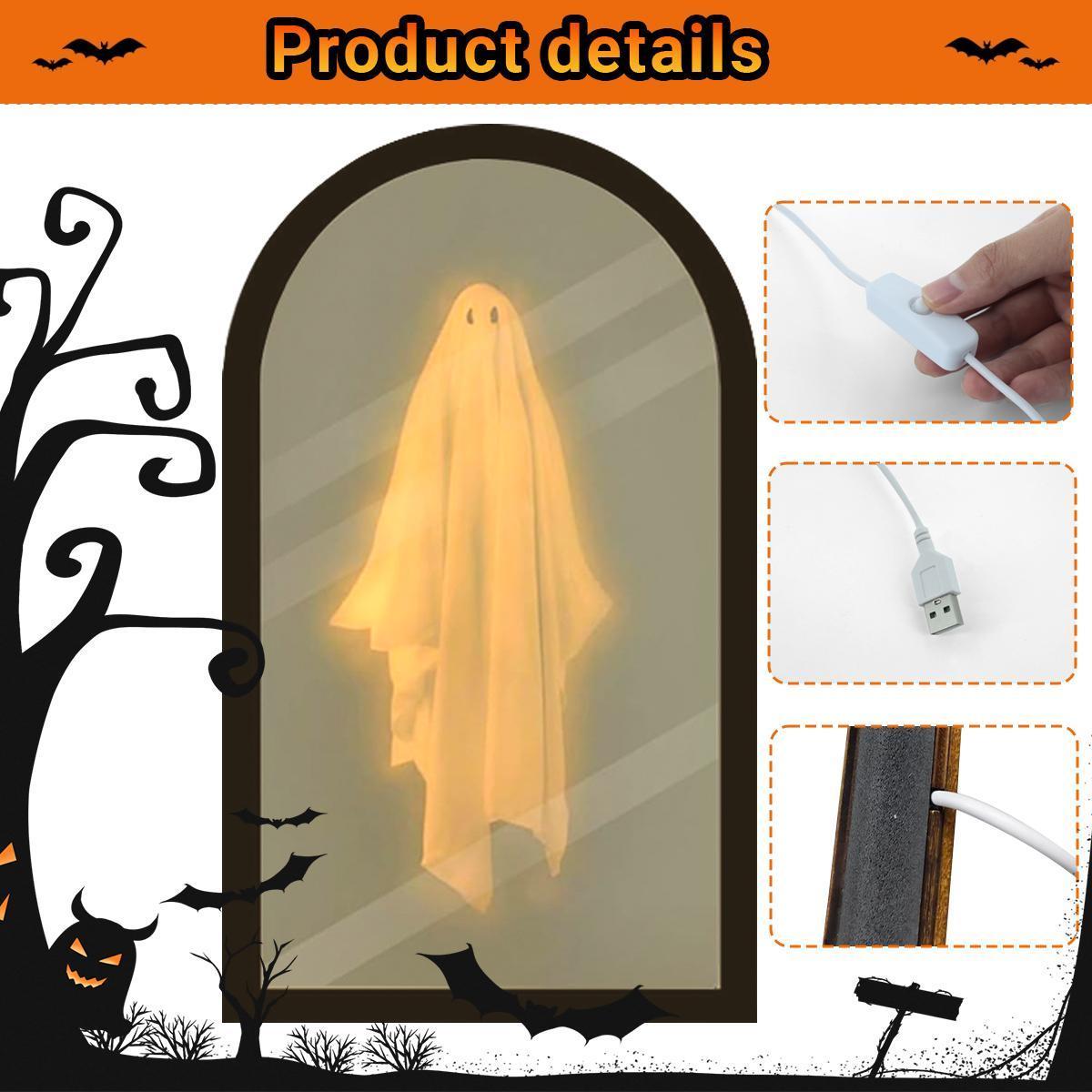 Ghost Mirror Halloween Decor – LED Holographic Ghost Illusion Mirror, 2-in-1 Daytime Mirror Nighttime Ghost, Spooky Tabletop Decoration for Mantel Shelf Party, Creepy Cute Gift for Kids Adults