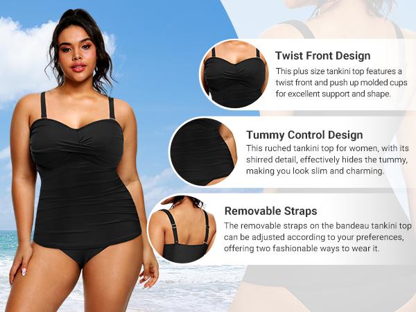 Aqua Eve Plus Size Tankini Top Only Bandeau Swim Top Strapless Swimsuit Top Twist Front Bathing Suit Top No Bottom