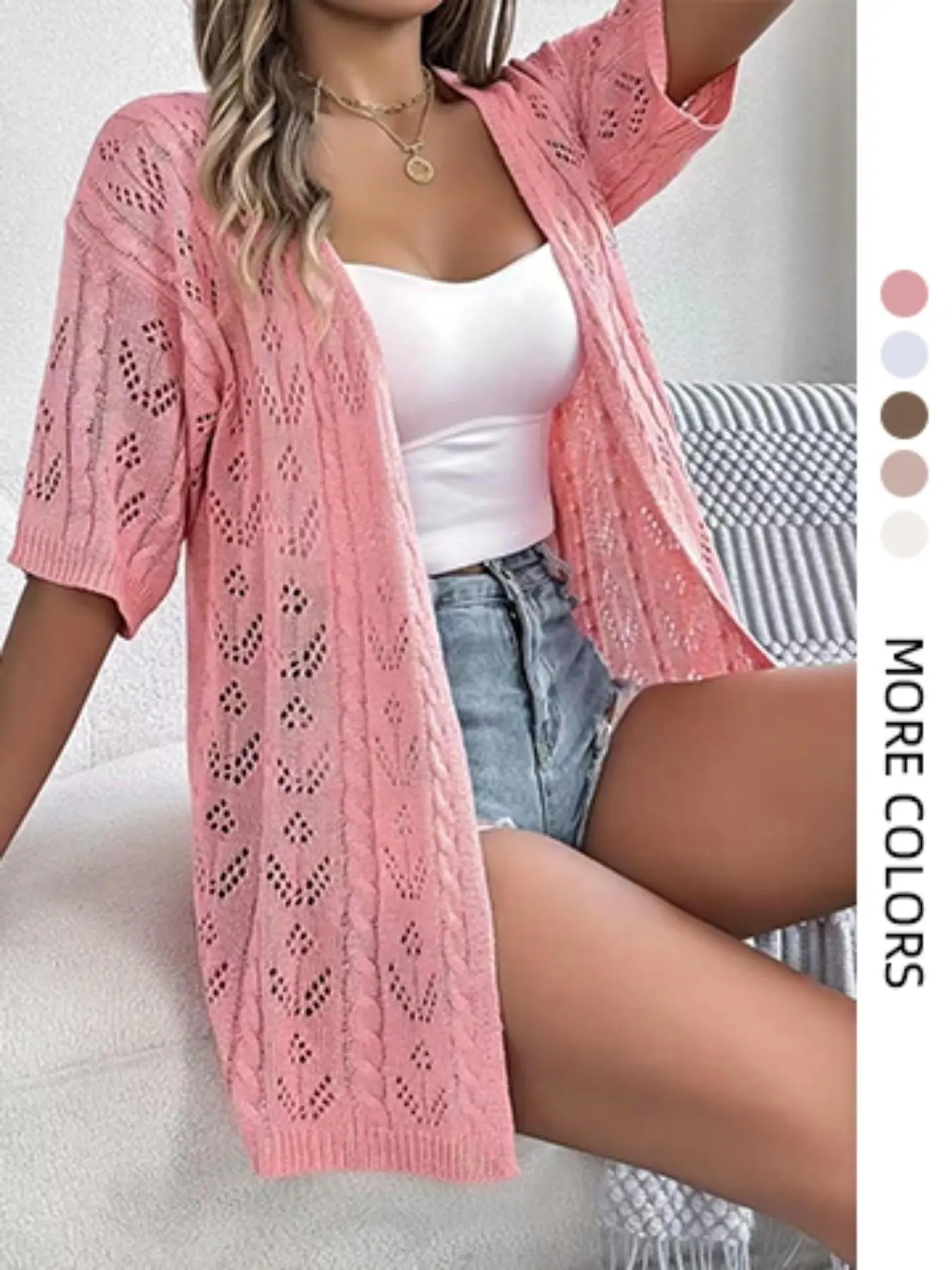 Women's Summer Casual Loose Fit Knit Cardigan Knitwear, Multicolor Hollow Out Beach Style, Large Size Open Front Jacket, Knit Outerwear, Fashionable and Comfortable, Elegant Casual Knitwear